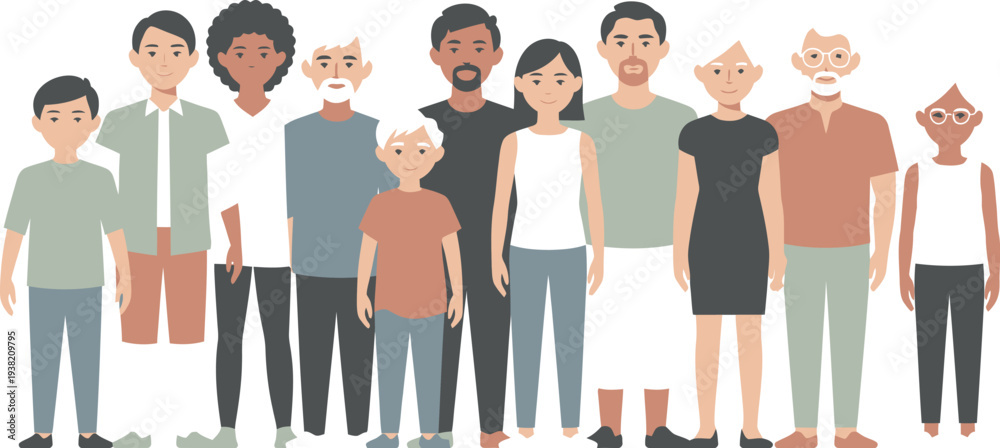 Obraz premium Diverse group of people standing together in a line, showcasing different ages and cultures in a vector illustration