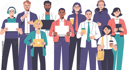 Diverse professionals gathered together, holding various office supplies and devices in a collaborative environment from a straightforward viewpoint