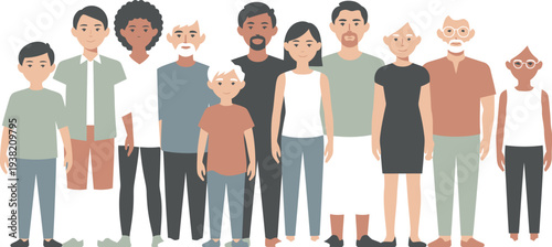 Diverse group of people standing together in a line, showcasing different ages and cultures in a vector illustration
