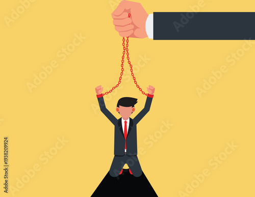 Corporate bondage. Businessman in chains controlled from behind.