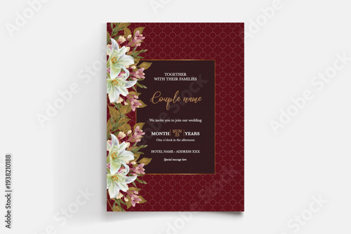 WEDDING INVITATION FRAME WITH FLOWER DECORATIONS AND FRESH LEAVES