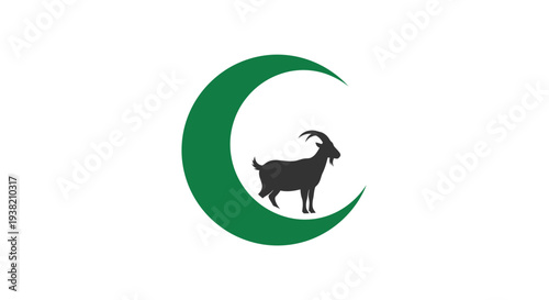 Black goat standing on green crescent.