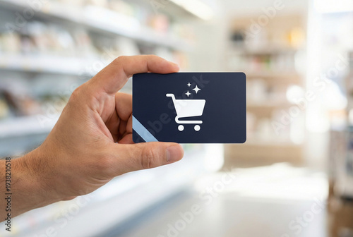 Hand holding card with shopping cart icon on blurred supermarket background, concept of loyalty card and retail gift voucher