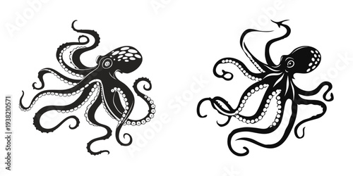 Black octopus silhouettes isolated on transparent background