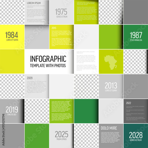 This green infographic template features a square grid design for business data. Use our infographic template with photo placeholders to create professional presentations easily.