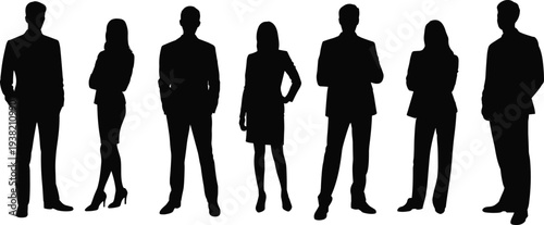 Professional business people silhouettes group set with men and women in formal suits standing isolated on a plain white background.