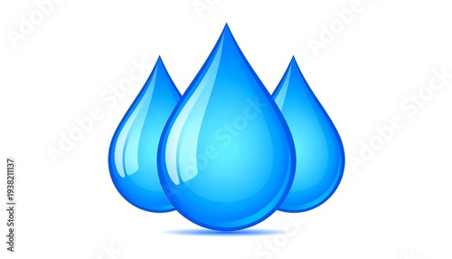 Three luminous, vibrant blue water droplets on a white background, with subtle shadows under each