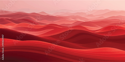 An abstract red silk background with flowing waves transitions into a vibrant desert landscape under an orange sunset sky with golden dunes and distant mountain clouds