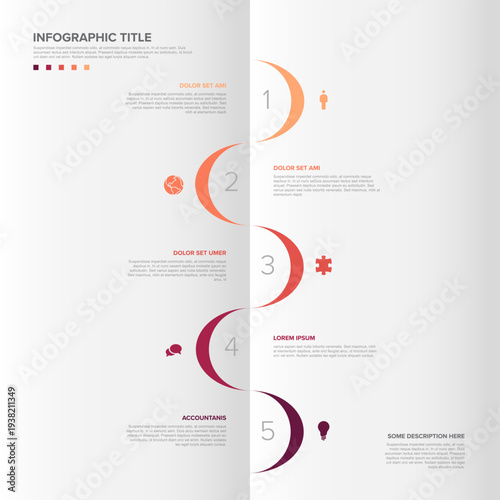 This vertical infographic features five numbered steps with stylish curved graphics. Use this infographic template to create a clean business flow for your next infographic project.