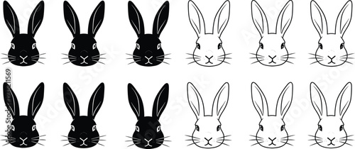 Black and white rabbit faces in two rows rabbits heads