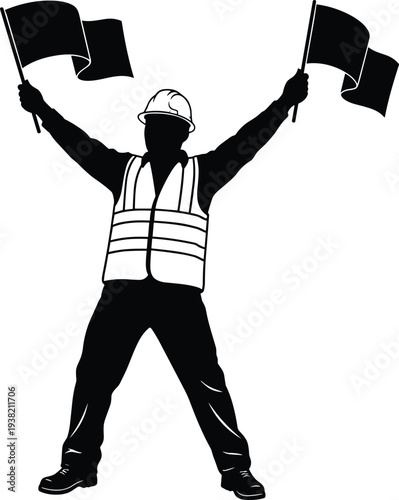 Black silhouette worker wearing safety vest and hard hat holding two waving flags
