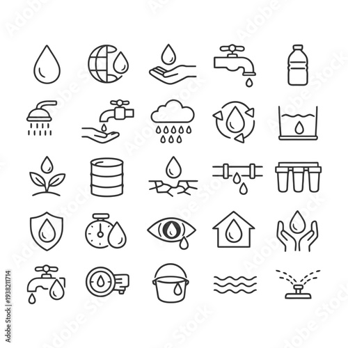 Collection of water conservation and sustainability line icons.