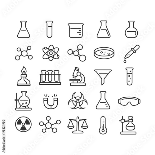Vector icons of scientific equipment and symbols for laboratory use.