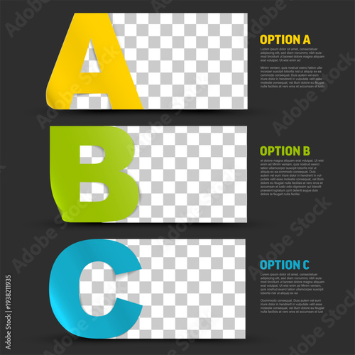 Modern business infographic banners featuring ABC letter options for presentation. These creative ABC letter options include space for photos and text description for various projects.