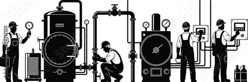 Industrial workers operating and maintaining large machinery and control panels pipes