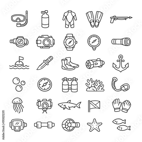 Diving equipment icons set including snorkel, fins, wetsuit, and compass.