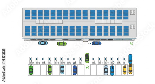 Modern building with solar panels and parking lot illustration.