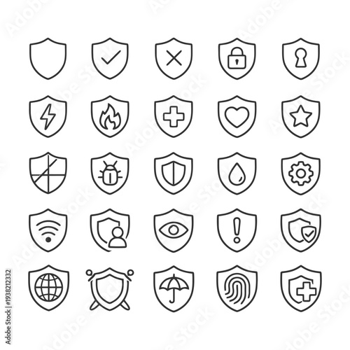 Set of 25 security shield icon variations in simple line art style.