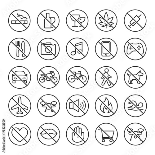 Prohibition signs collection: no smoking, alcohol, drugs, pets, or loud noises.