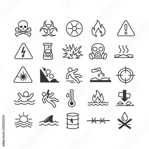 Collection of safety warning signs: hazard, toxic, flammable, laser, radiation icons.