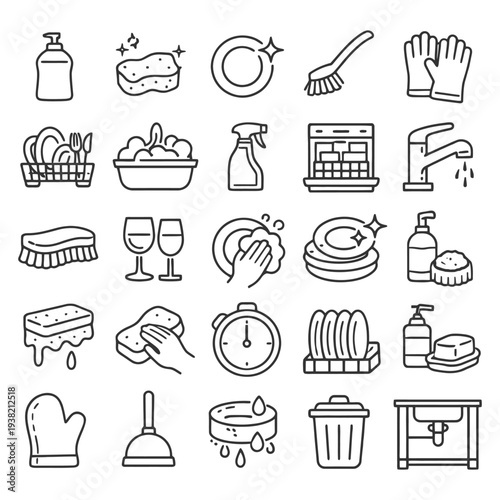 Kitchen cleaning icons: soap, sponge, gloves, dishes, brush, timer, trash.