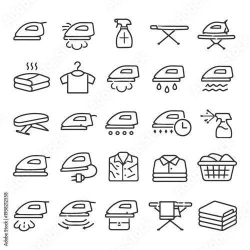 Collection of ironing icons: steam, folded clothes, ironing board, spray bottle, laundry basket.
