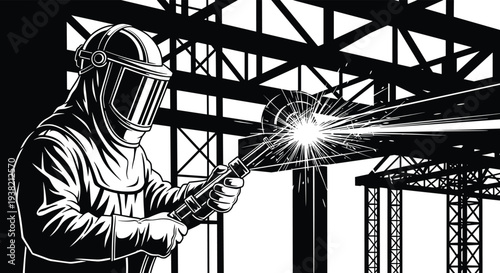 Welder in protective gear welding metal beams in industrial setting helmet gloves