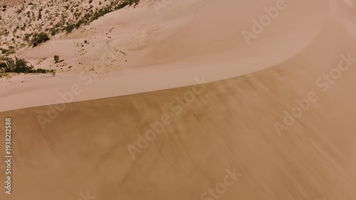 Aerial view of a vast sandy desert landscape with gentle dunes and sparse vegetation. The warm tones of the sand create a serene and tranquil atmosphere.