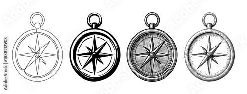 Four compass rose illustrations display different artistic styles, symbolizing direction and adventure.