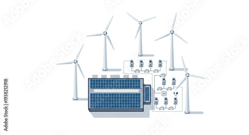 Renewable energy generation with solar panels and wind turbines.