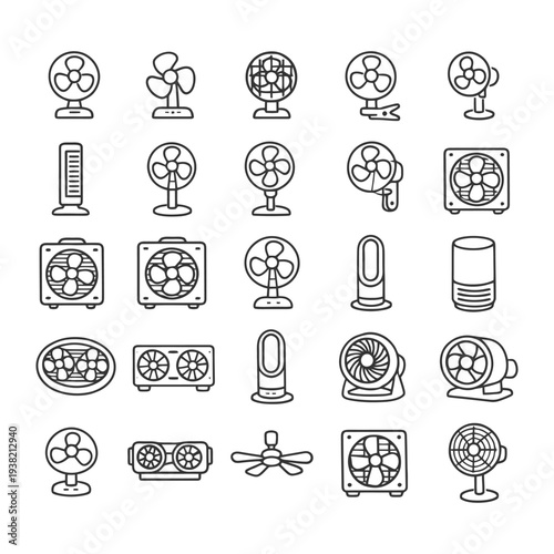Collection of various fan and ventilator line icons in simple design.