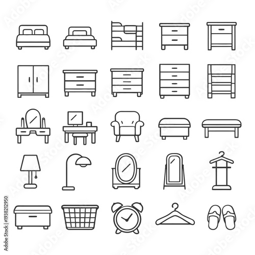 Collection of line icons representing various bedroom furniture items and accessories.