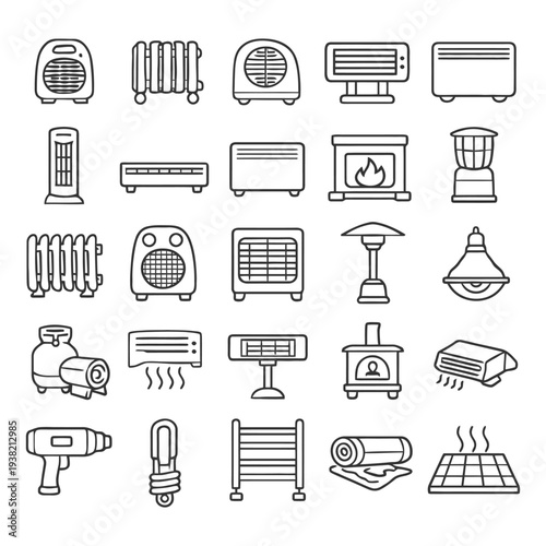 Collection of various heating appliances line art design.