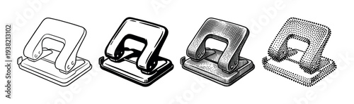 Classic hole punchers are presented in a collection of four distinct black and white illustration styles.