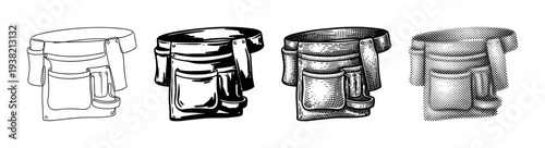 Versatile worker's tool belt graphic presented in four distinct illustration styles for construction and DIY projects.