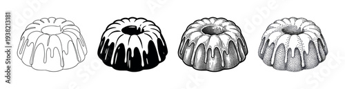Four stylized bundt cakes with various artistic drawing styles, showcasing different illustration techniques for bakery designs.