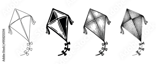 Four different styles of kites are depicted in a collection of black and white illustrations, showcasing various artistic techniques.