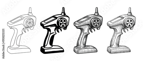 Remote control transmitter for radio controlled vehicles presented in a collection of various artistic styles including outline and engraving.