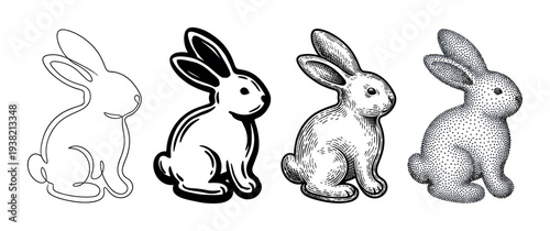 Four different artistic styles of a sitting rabbit illustration showcasing various drawing techniques from line art to stippling.