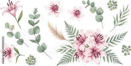 Pink Lily Flowers and Eucalyptus Leaves Botanical Elements Set with Floral Bouquet Arrangement Vector Illustration