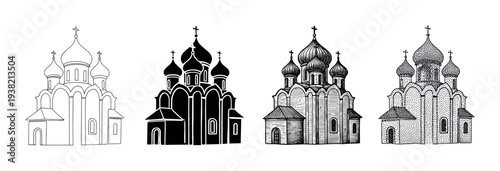 Four distinct styles of Orthodox church illustrations showcase religious architecture and spiritual symbolism.
