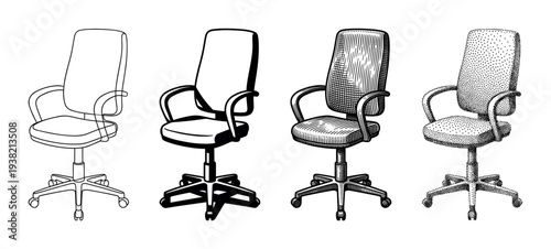 Four different styles of office chairs are depicted in a black and white illustration, showcasing various artistic rendering techniques.