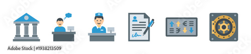 Banking and finance flat design icons collection representing various financial services and transactions in a modern style.