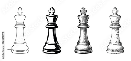 Four chess king pieces depicted in various artistic styles, showcasing different illustration techniques and textures.