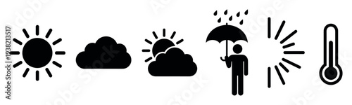 Weather icons representing various meteorological conditions and elements are displayed in a clear black silhouette style.