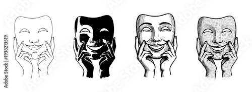 Theatrical masks showing happy expressions are illustrated in four distinct artistic styles, symbolizing joy and performance.