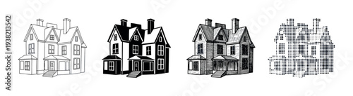 Victorian house illustration set showcasing various graphic styles including outline, solid, hatched, and halftone dot patterns.