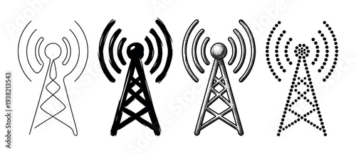 Communication tower icons set with various artistic styles depicting signal transmission and wireless technology.