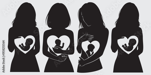 Mother and Baby Silhouette in Heart - Maternal Love Vector Set Vector