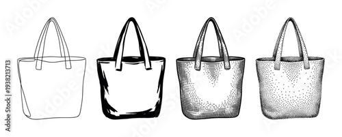 Four different artistic styles of tote bags illustrated with distinct black and white hand-drawn techniques.